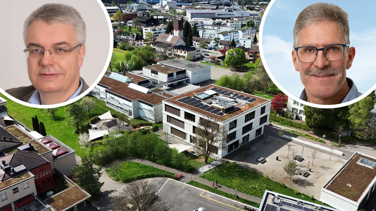 Zwei Männerporträts und eine Luftaufnahme des Schulhauses Meiliwiese.